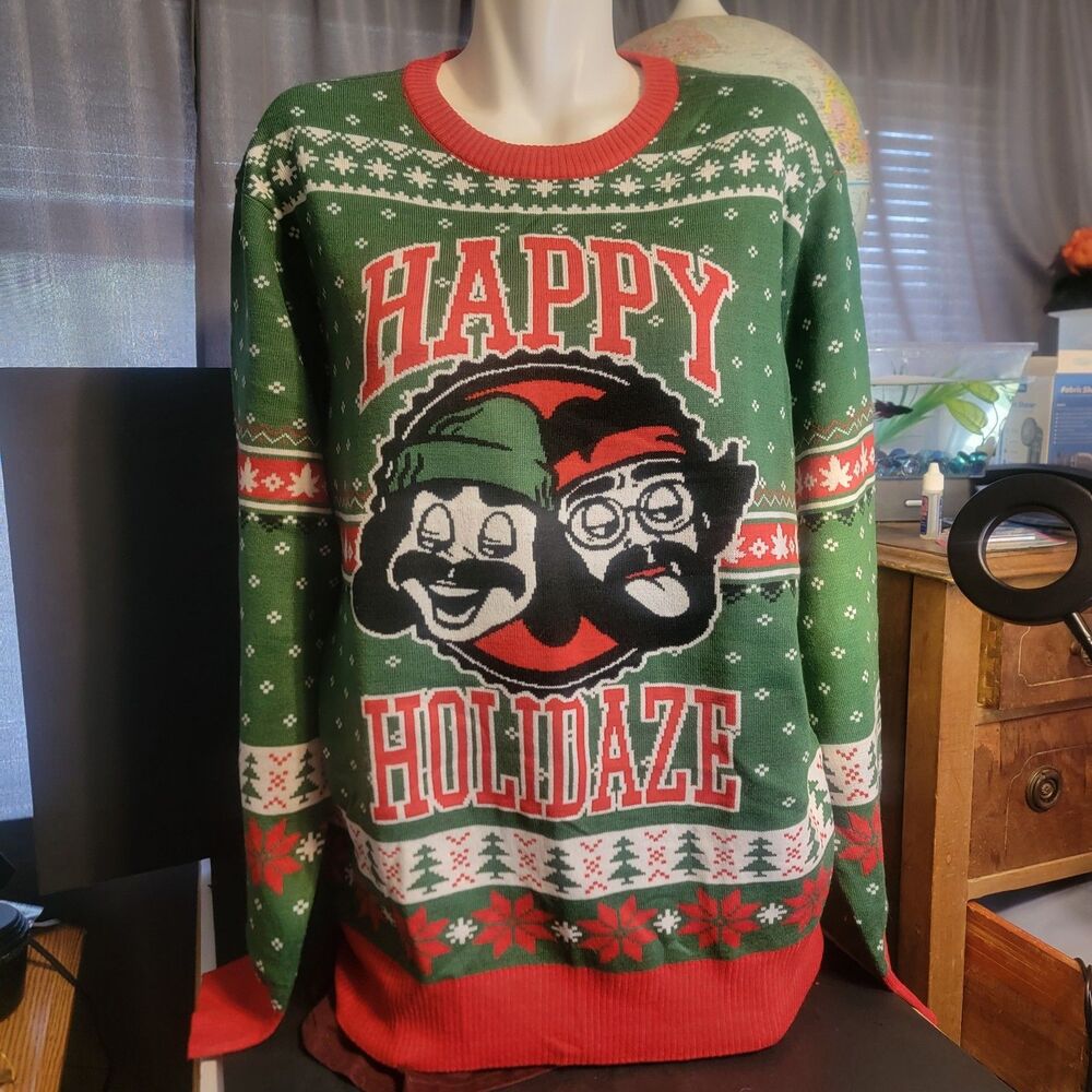 Cheech & Chong Happy Holidaze Ugly Christmas Sweater Men's M Green Red Acrylic